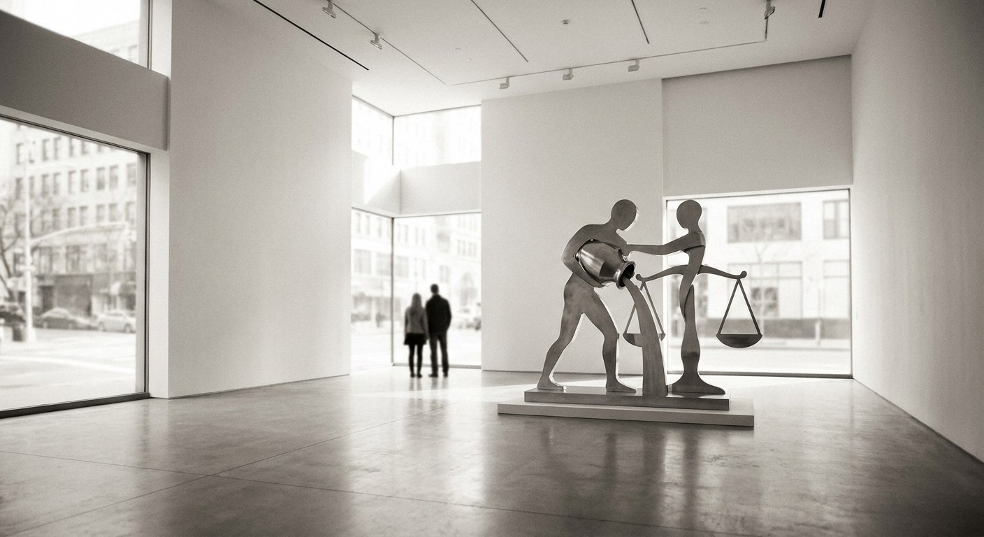 Wide context: A spacious, sunlit minimalist art gallery with high ceilings and expansive windows. The broad scale