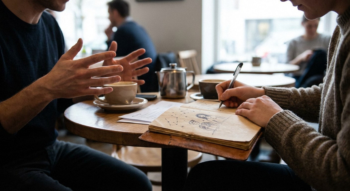 Two people sit at a wooden cafe table. One gestures with both hands. The other holds a pen over a leather notebook