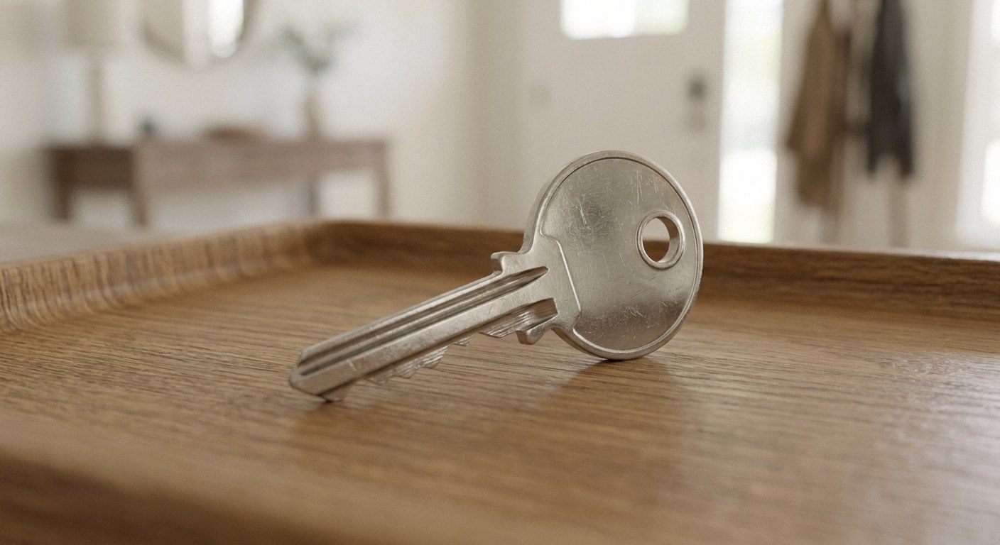 Silver metal house key on a wooden tray, shallow depth of field, blurred bright home interior background