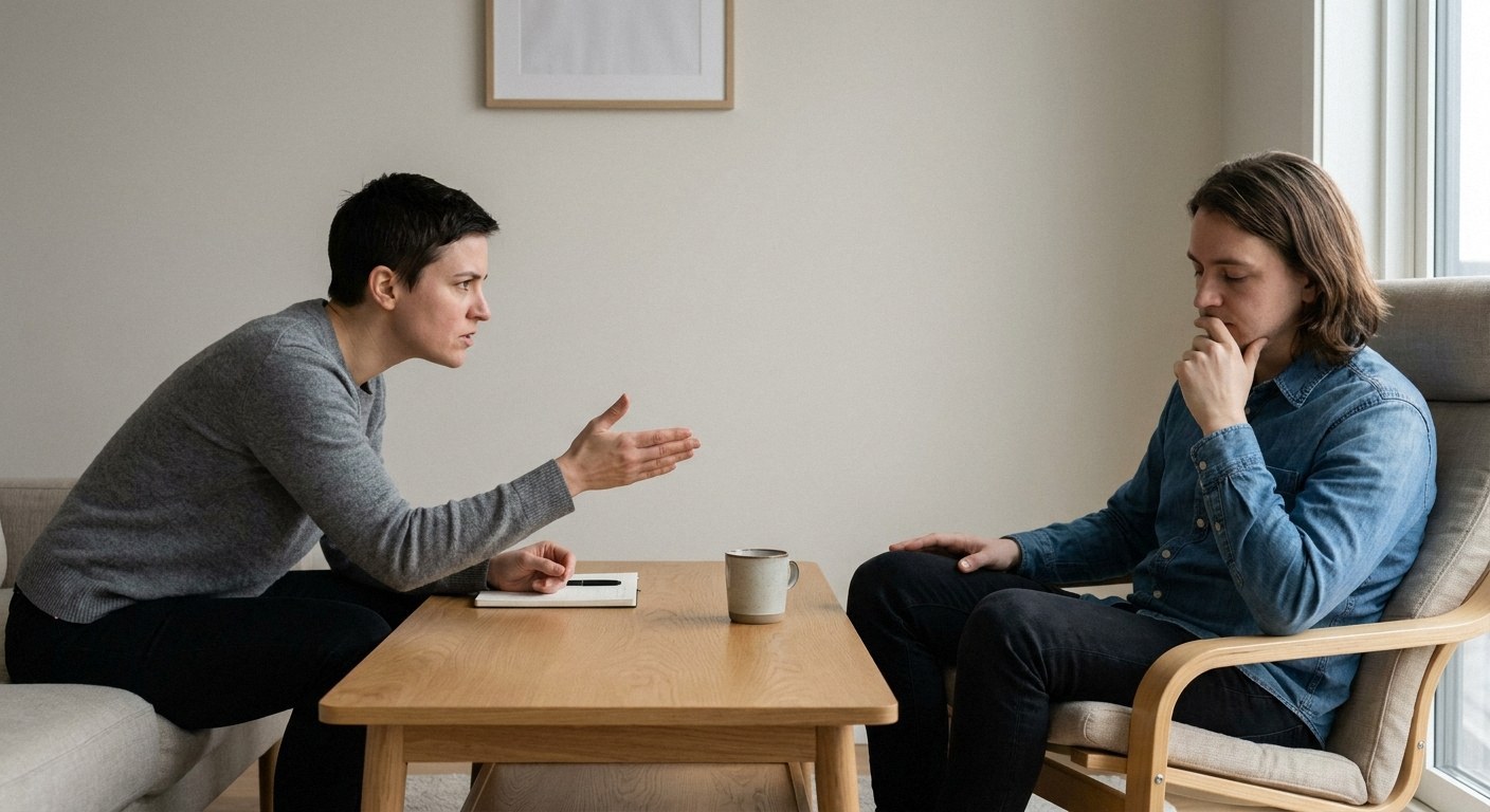 Two people face each other across a wooden table. One leans forward gesturing. The other sits back, hand near chin. A