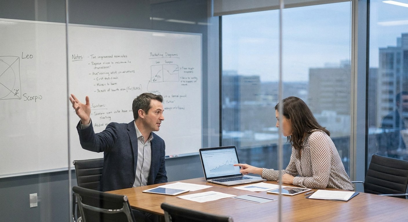 Process/action: Two professionals actively collaborating in a modern boardroom, one gesturing dynamically towards a
