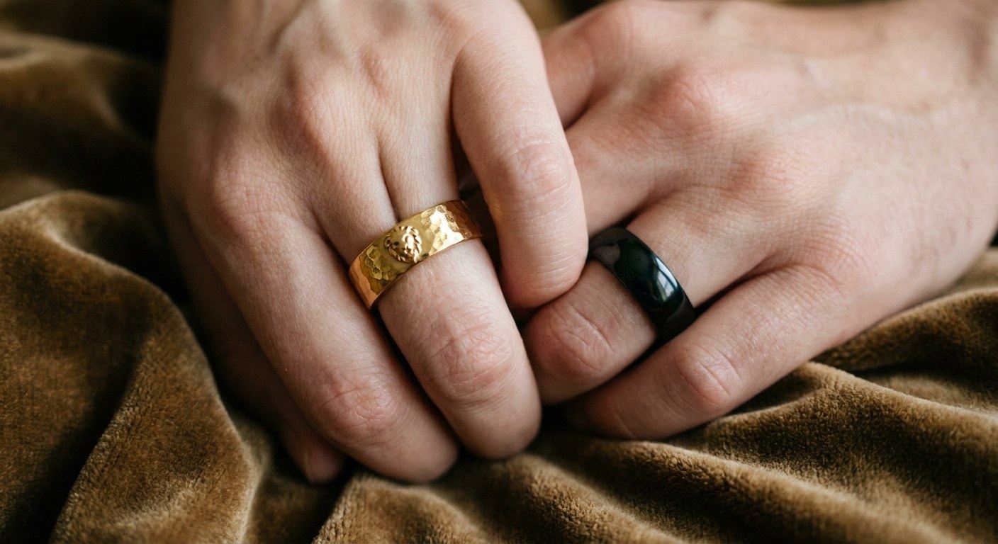Close-up of two hands resting on brown velvet fabric. The left hand wears a hammered gold band with a lion face. The